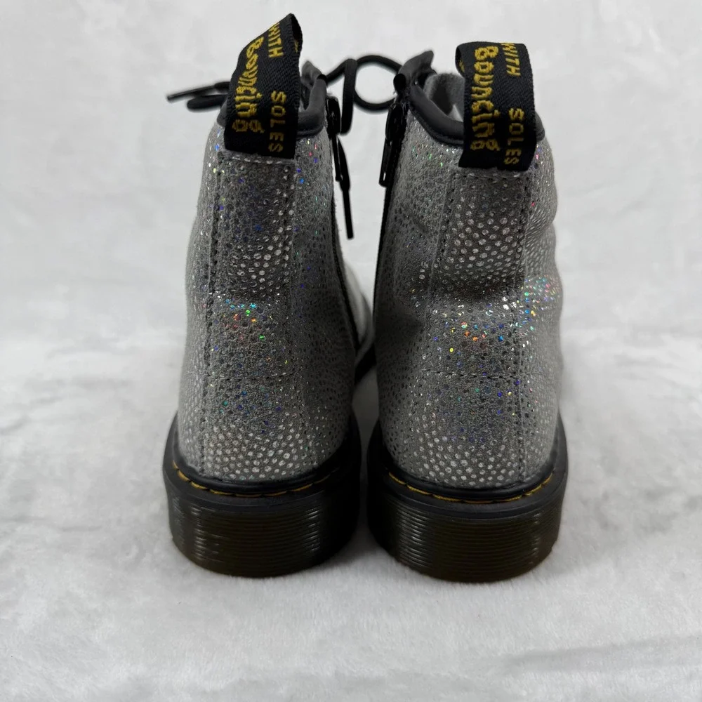 Dr. Martens 1460‎ Silver Holo Glitter Combat Boots Side Zip Kids Shoes M4 L5